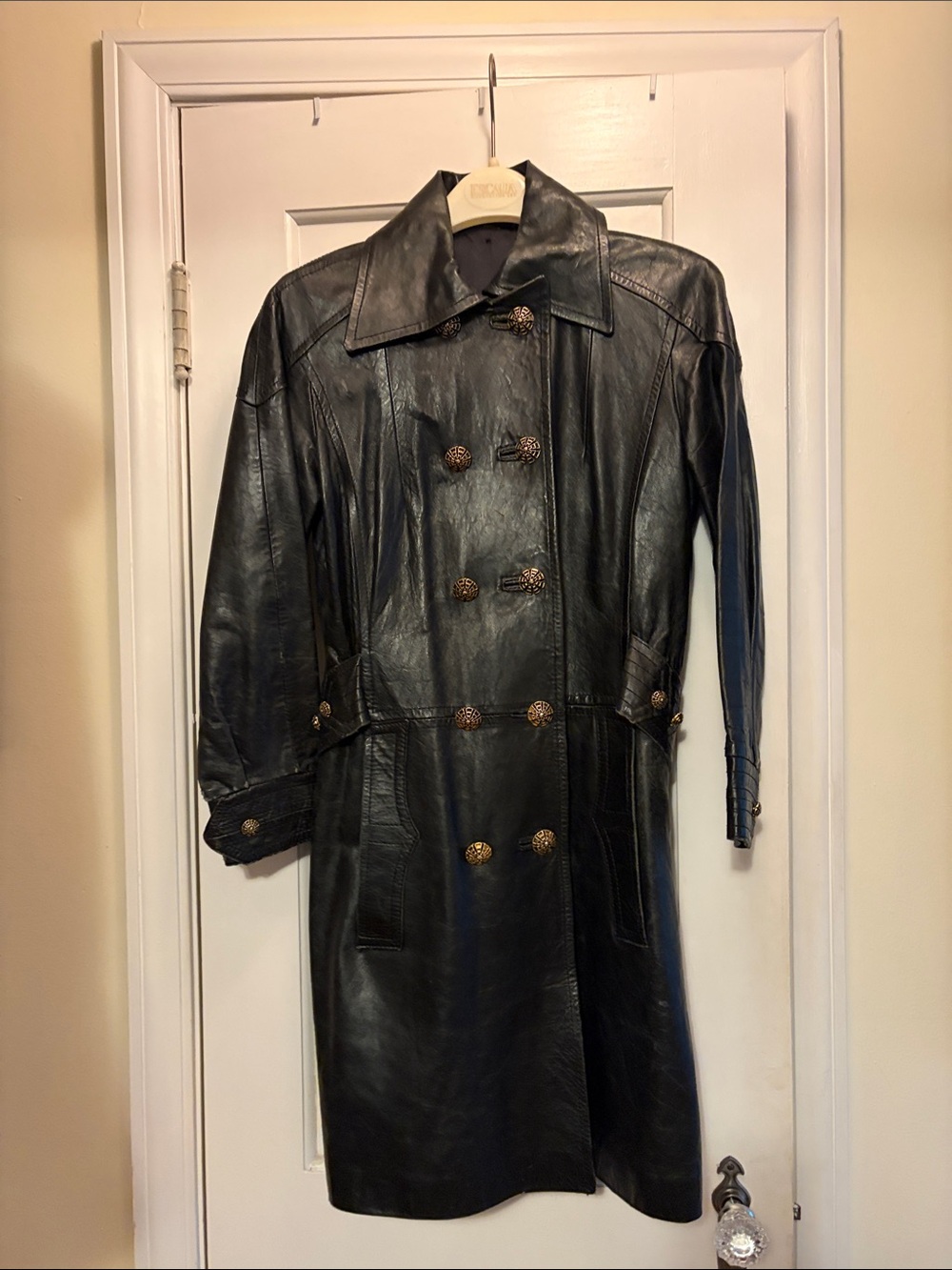 Vintage Black Leather Double-Breasted Trench Coat with Decorative Buttons